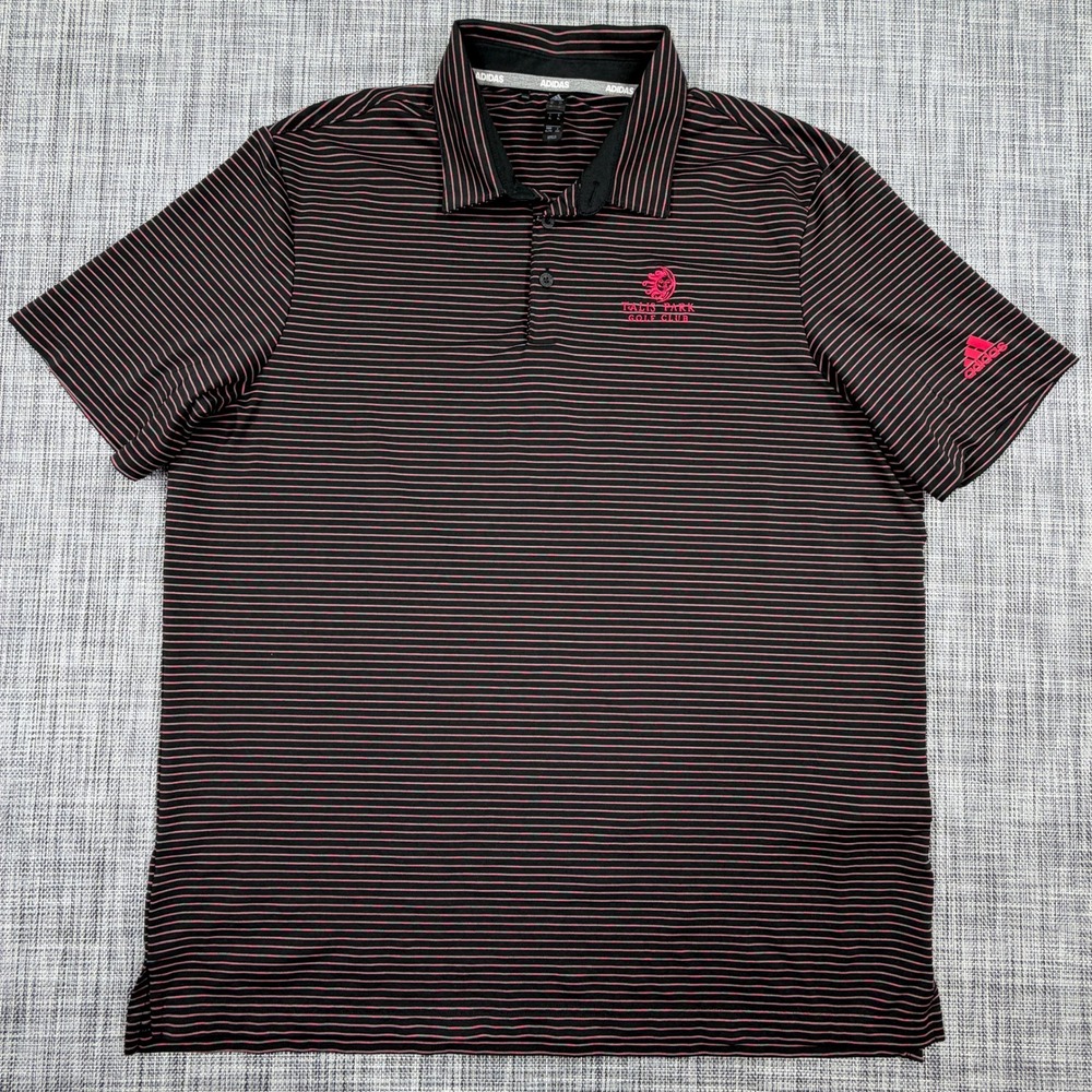 Adidas Mens Golf Polo XL Talis Park Golf Club Pink Stripe Recycled Polyester
